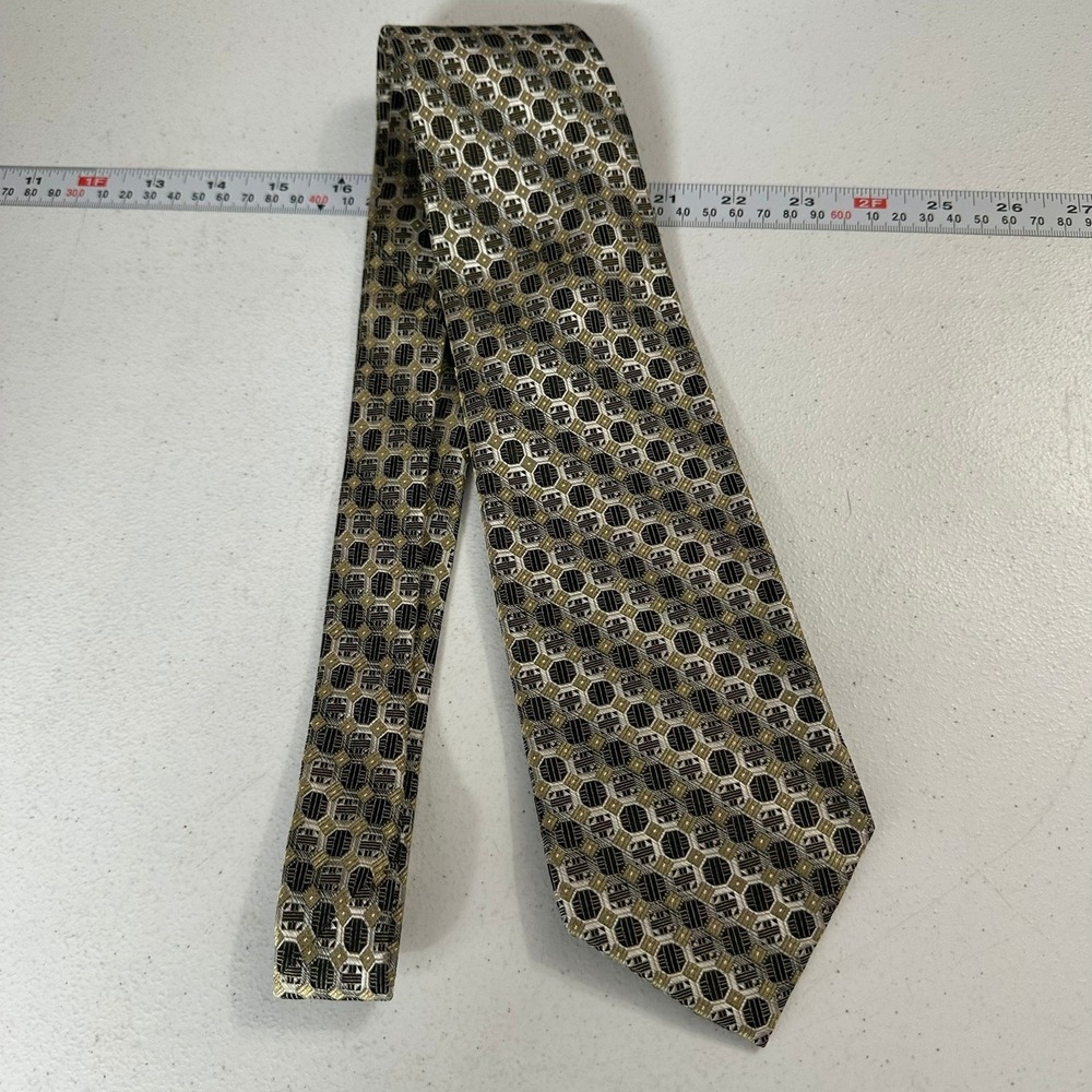 Burma Bibas Mens Silk Tie Gold Silver Black Geometric Woven Pattern USA Made